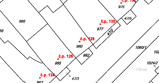 Valtice 128 na parcele st. 980 v KÚ Valtice, Katastrální mapa
