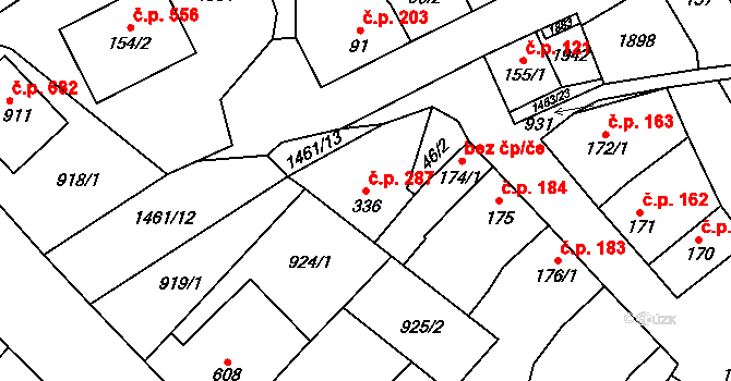 Kvasice 287 na parcele st. 336 v KÚ Kvasice, Katastrální mapa