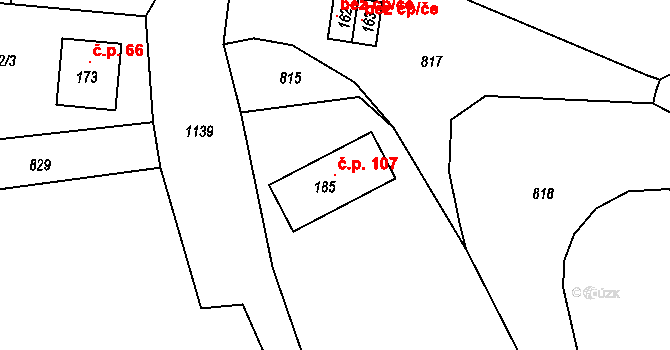 Hořešovice 107 na parcele st. 185 v KÚ Hořešovice, Katastrální mapa