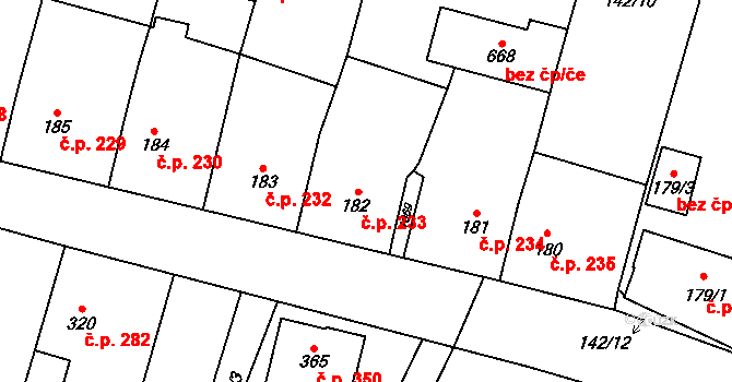 Rožďalovice 233 na parcele st. 182 v KÚ Rožďalovice, Katastrální mapa