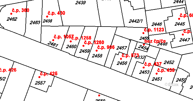 Čelákovice 906 na parcele st. 2458 v KÚ Čelákovice, Katastrální mapa