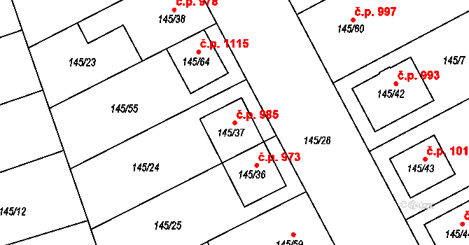 Ratíškovice 985 na parcele st. 145/37 v KÚ Ratíškovice, Katastrální mapa
