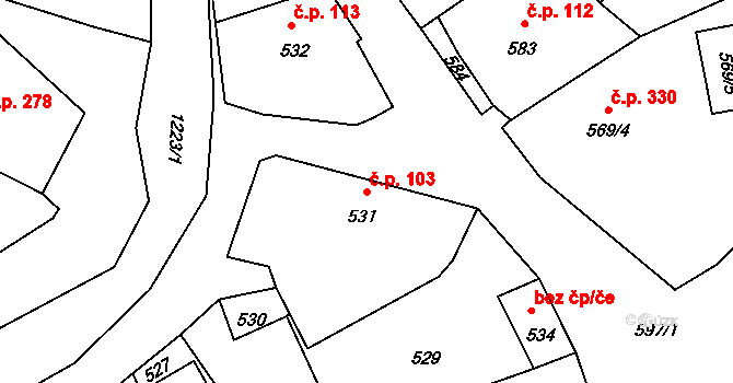 Stonařov 103 na parcele st. 531 v KÚ Stonařov, Katastrální mapa