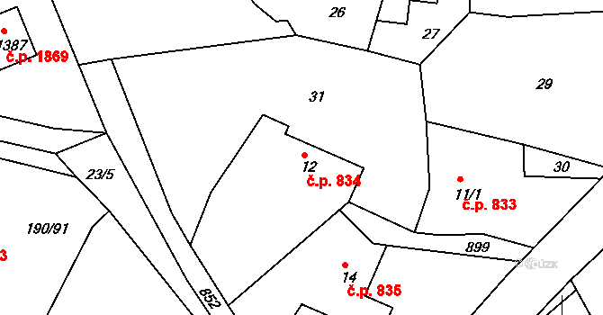 Těptín 834, Kamenice na parcele st. 12 v KÚ Těptín, Katastrální mapa