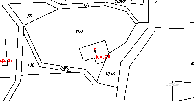 Mrklov 26, Benecko na parcele st. 5 v KÚ Mrklov, Katastrální mapa