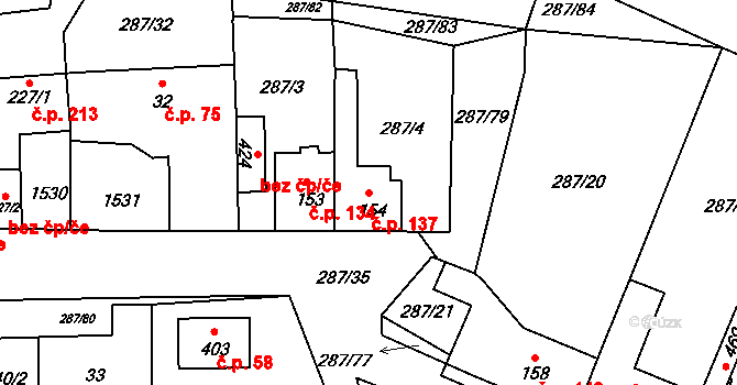 Tetín 137 na parcele st. 154 v KÚ Tetín u Berouna, Katastrální mapa