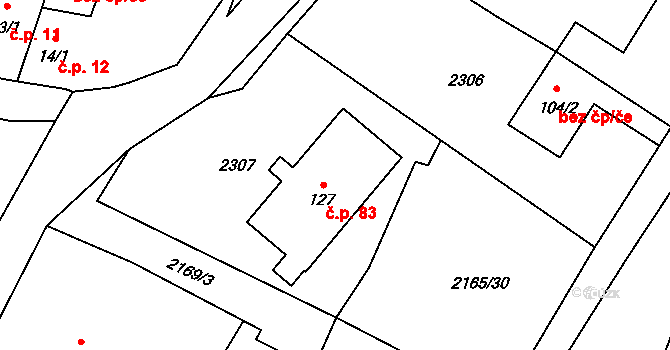 Prostiboř 83 na parcele st. 127 v KÚ Prostiboř, Katastrální mapa