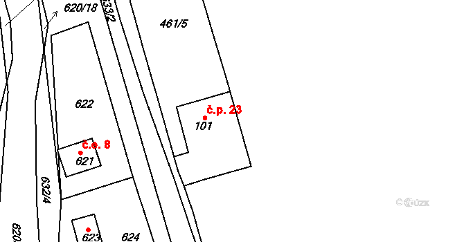 Mrtník 23, Hvozdec na parcele st. 101 v KÚ Hvozdec, Katastrální mapa