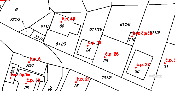 Mirkovice 12 na parcele st. 24 v KÚ Mirkovice, Katastrální mapa