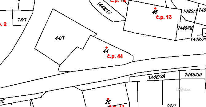 Doubravice 44 na parcele st. 44 v KÚ Doubravice u Strakonic, Katastrální mapa