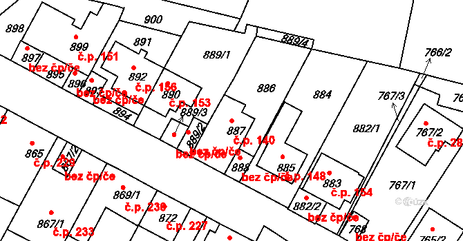 Bystřany 140 na parcele st. 887 v KÚ Bystřany, Katastrální mapa
