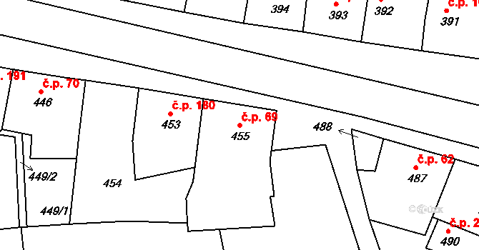 Batelov 69 na parcele st. 455 v KÚ Batelov, Katastrální mapa