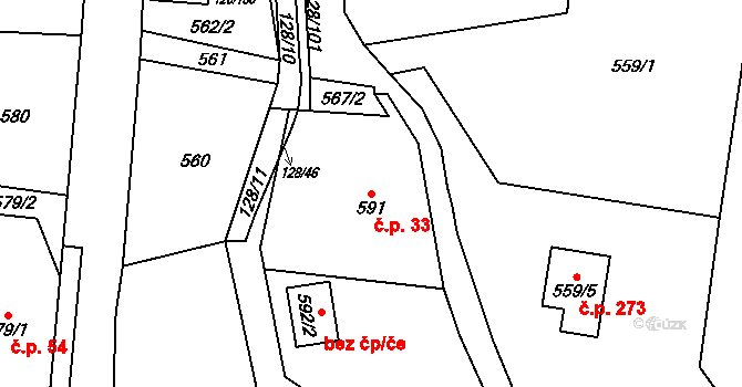 Chlebovice 33, Frýdek-Místek na parcele st. 591 v KÚ Chlebovice, Katastrální mapa