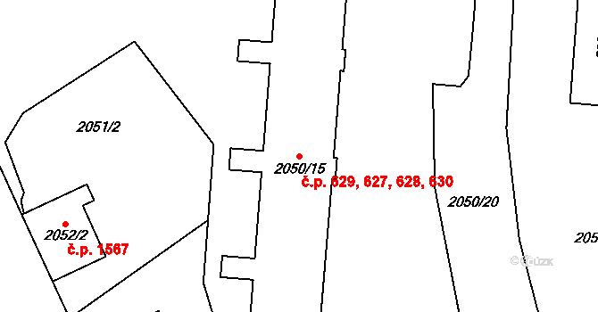 Místek 627,628,629,630, Frýdek-Místek na parcele st. 2050/15 v KÚ Místek, Katastrální mapa