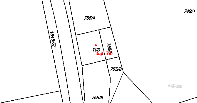 Zavlekov 74 na parcele st. 103 v KÚ Zavlekov, Katastrální mapa