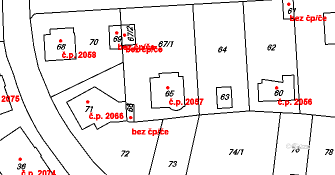 Komořany 2057, Praha na parcele st. 65 v KÚ Komořany, Katastrální mapa