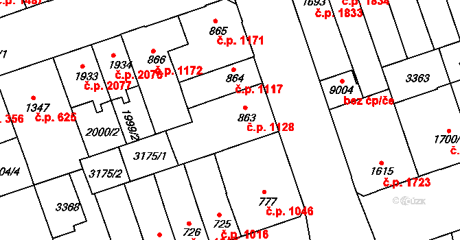 Hodonín 1128 na parcele st. 863 v KÚ Hodonín, Katastrální mapa