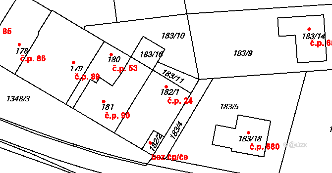Božkov 24, Plzeň na parcele st. 182/1 v KÚ Božkov, Katastrální mapa