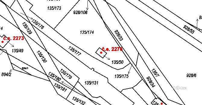 Božkov 2276, Plzeň na parcele st. 135/50 v KÚ Božkov, Katastrální mapa