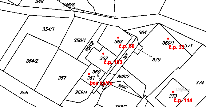 Domanín 123, Bystřice nad Pernštejnem na parcele st. 362 v KÚ Domanín u Bystřice nad Pernštejnem, Katastrální mapa