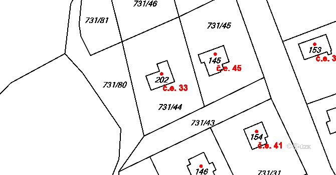 Železný Újezd 33, Čížkov na parcele st. 202 v KÚ Železný Újezd, Katastrální mapa