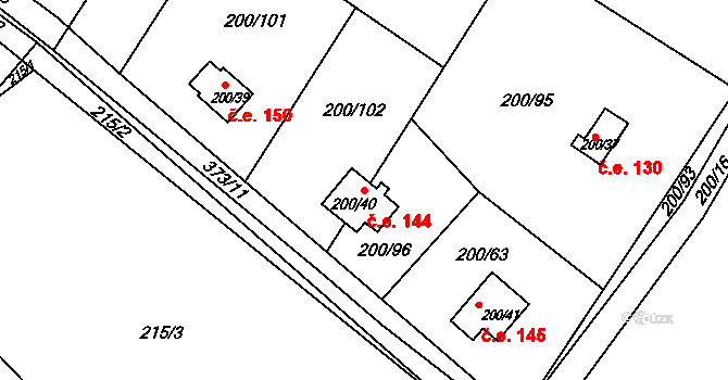 Ráby 144 na parcele st. 200/40 v KÚ Ráby, Katastrální mapa