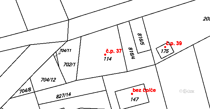 Slavný 37, Suchý Důl na parcele st. 114 v KÚ Slavný, Katastrální mapa