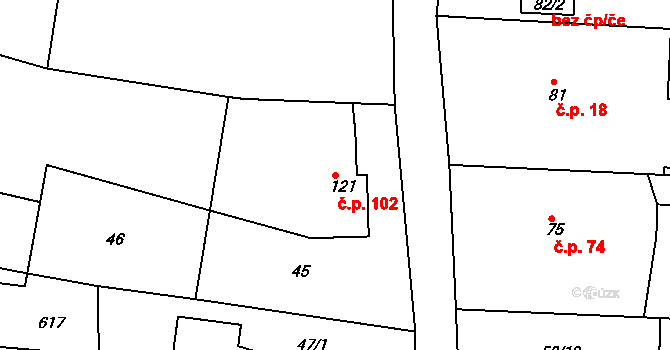 Lohenice 102, Přelouč na parcele st. 121 v KÚ Lohenice u Přelouče, Katastrální mapa
