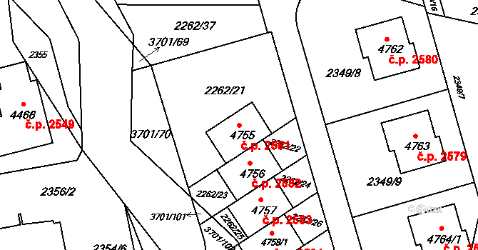 Rožnov pod Radhoštěm 2581 na parcele st. 4755 v KÚ Rožnov pod Radhoštěm, Katastrální mapa