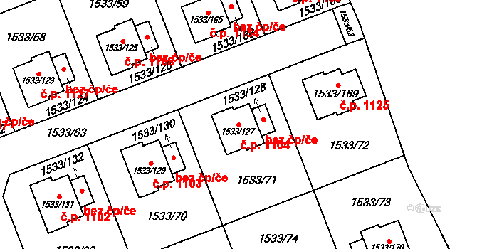 Řeporyje 1104, Praha na parcele st. 1533/127 v KÚ Řeporyje, Katastrální mapa