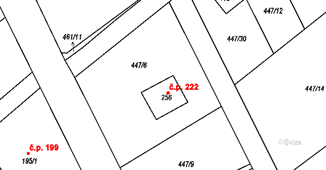Tuhaň 222 na parcele st. 256 v KÚ Tuhaň, Katastrální mapa