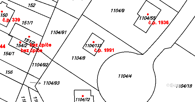 Trnovany 1991, Teplice na parcele st. 1104/133 v KÚ Teplice-Trnovany, Katastrální mapa
