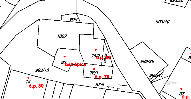 Žďár 62 na parcele st. 76/2 v KÚ Žďár u Blanska, Katastrální mapa