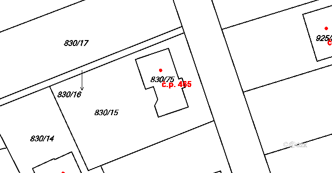 Srubec 465 na parcele st. 830/75 v KÚ Srubec, Katastrální mapa