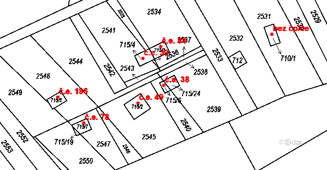 Milokošť 38, Veselí nad Moravou na parcele st. 715/24 v KÚ Milokošť, Katastrální mapa