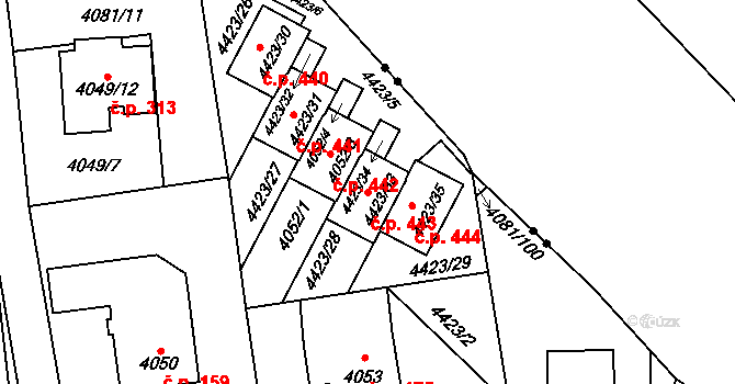 Pustkovec 443, Ostrava na parcele st. 4423/33 v KÚ Pustkovec, Katastrální mapa