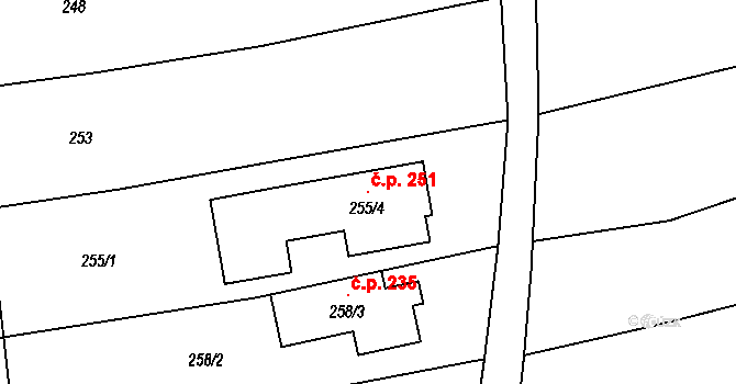 Modrá 251 na parcele st. 255/4 v KÚ Modrá u Velehradu, Katastrální mapa