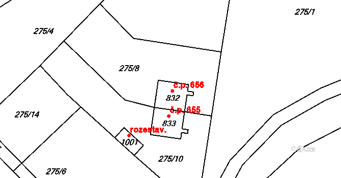 Lišov 656 na parcele st. 832 v KÚ Lišov, Katastrální mapa