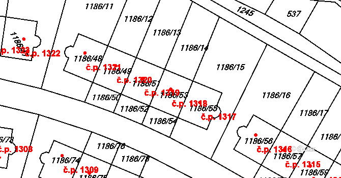 Hostivice 1318 na parcele st. 1186/53 v KÚ Hostivice, Katastrální mapa