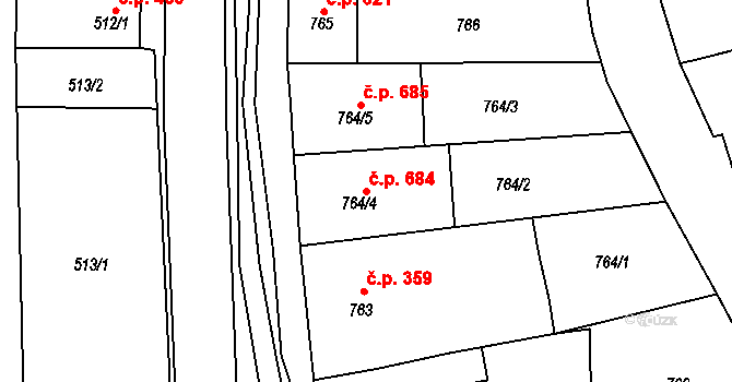 Šardice 684 na parcele st. 764/4 v KÚ Šardice, Katastrální mapa