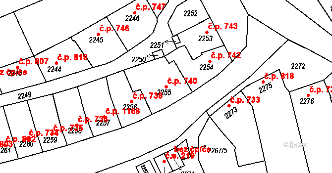 Slavíkovice 740, Rousínov na parcele st. 2255 v KÚ Rousínov u Vyškova, Katastrální mapa