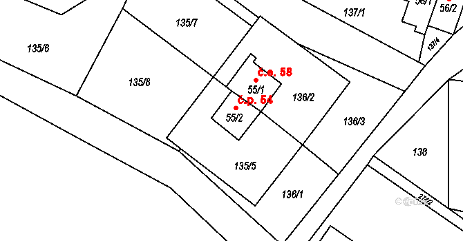 Žďárský Potok 54, Stará Ves na parcele st. 55/2 v KÚ Žďárský Potok, Katastrální mapa