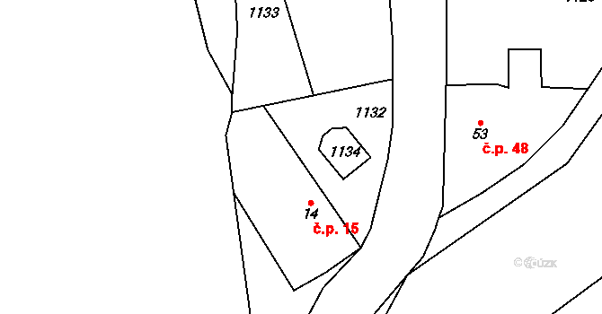 Radimovice 15 na parcele st. 14 v KÚ Radimovice u Sychrova, Katastrální mapa