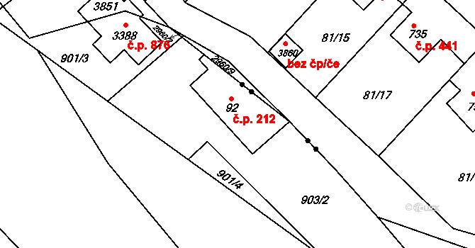 Ostravice 212 na parcele st. 92 v KÚ Ostravice 1, Katastrální mapa