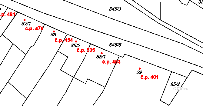 Chvalčov 453 na parcele st. 85/1 v KÚ Chvalčova Lhota, Katastrální mapa