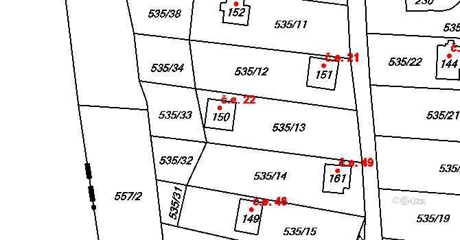 Bradlecká Lhota 22 na parcele st. 150 v KÚ Bradlecká Lhota, Katastrální mapa
