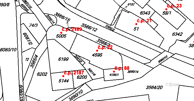Rožnov pod Radhoštěm 22 na parcele st. 4595 v KÚ Rožnov pod Radhoštěm, Katastrální mapa
