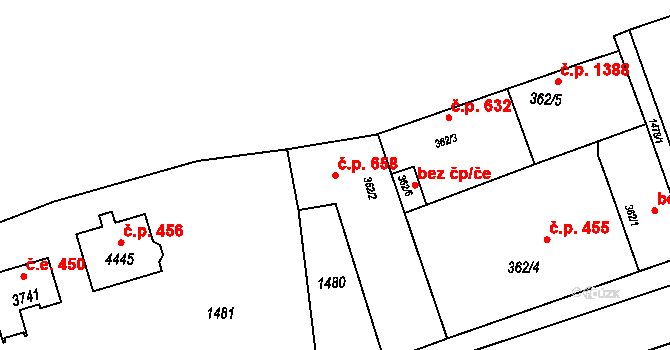 Rožnov pod Radhoštěm 658 na parcele st. 362/2 v KÚ Rožnov pod Radhoštěm, Katastrální mapa