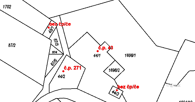 Hnátnice 43 na parcele st. 44/1 v KÚ Hnátnice, Katastrální mapa