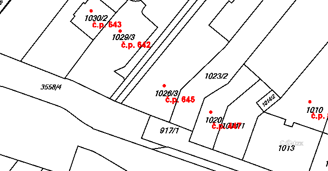 Bosonohy 645, Brno na parcele st. 1026/3 v KÚ Bosonohy, Katastrální mapa
